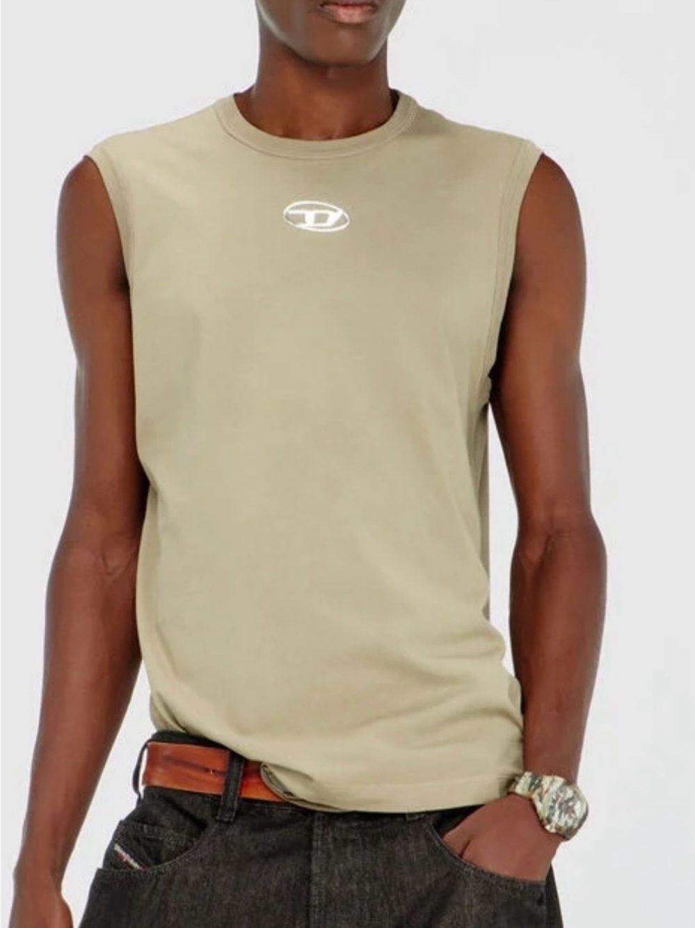 Diesel Olive Green Sleeveless Tank with White Logo